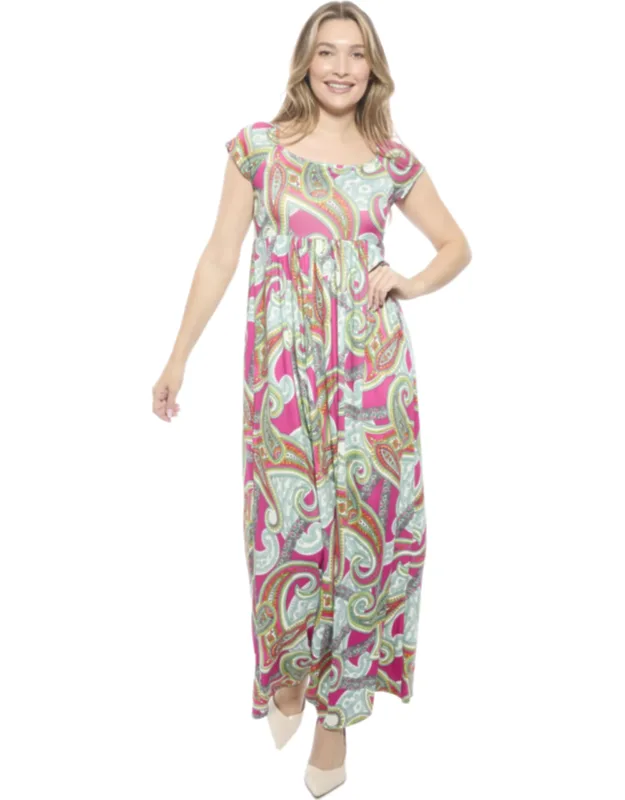 Paisley Square Neck Cap Sleeve Pleated A-line Maxi Dress