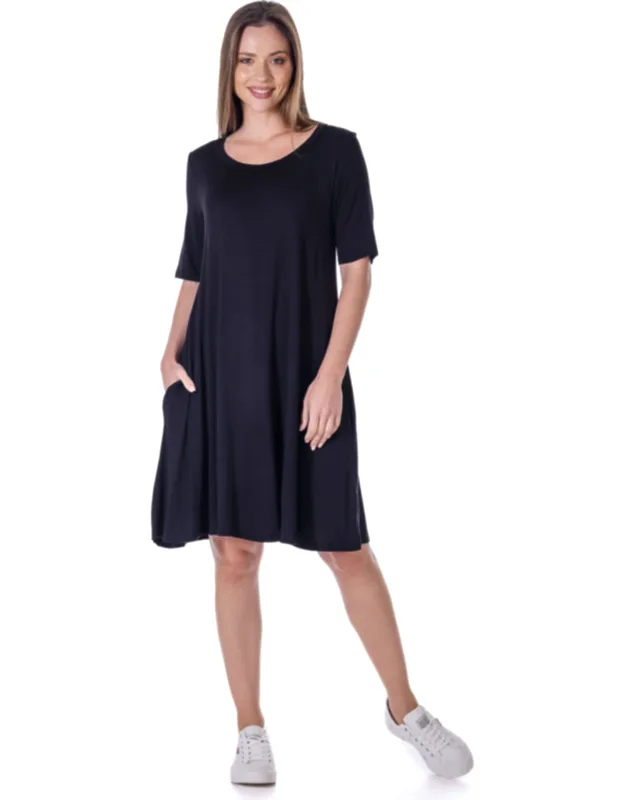 Round Neck Knee Length Soft Flare T-shirt Pocket Dress