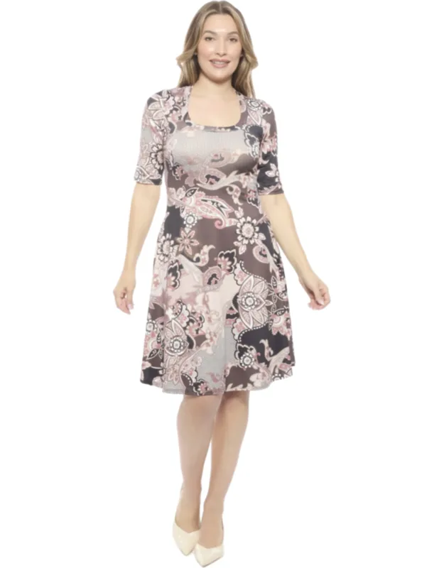 Paisley Scoop Neck Elbow Sleeve Knee Length Skater Dress