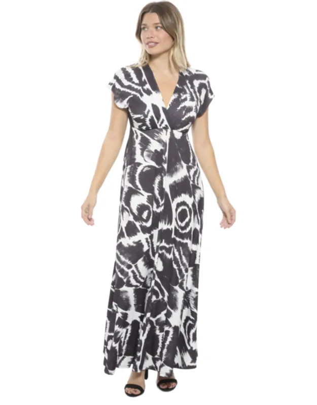 Abstract V Neck Empire Waist Cap Sleeve Maxi Dress