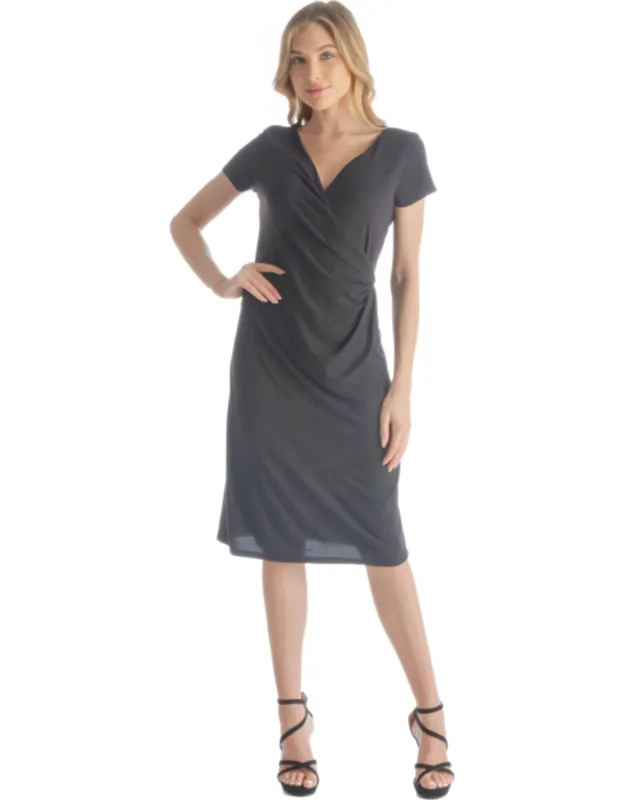 V Neck Short Sleeve Knee Length Faux Wrap Dress With Flattering Silhouette And Soft Stretch Knit Fabric