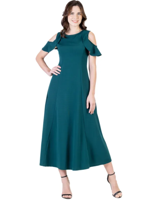 Ruffle Sleeve Cold Shoulder A Line Soft Flare Maxi Dress