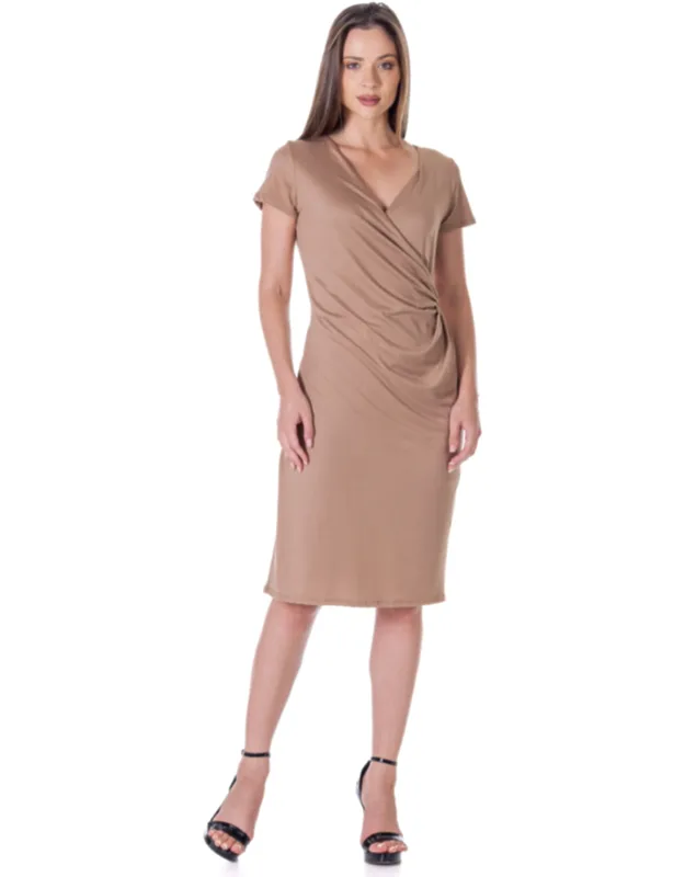 V Neck Short Sleeve Knee Length Faux Wrap Dress