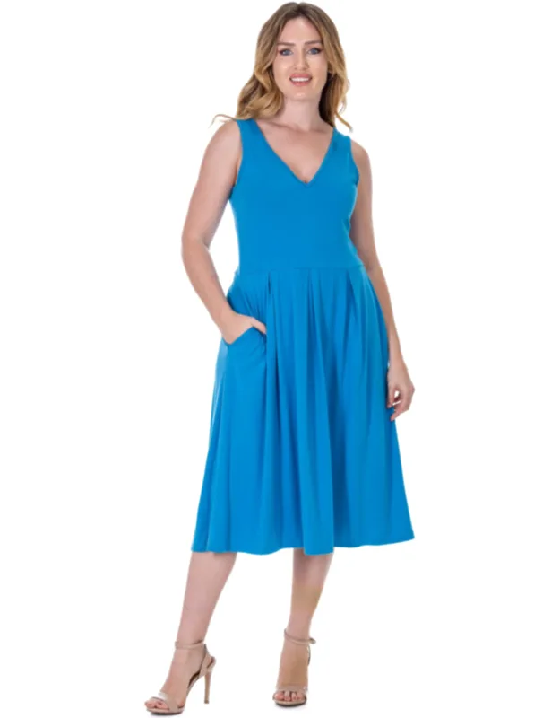 V Neck Sleeveless Pleated Fit N Flare Pocket Midi Dress With Soft Flared Hemline And Breathable Knit Fabric