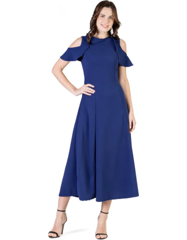 Ruffle Sleeve Cold Shoulder A Line Soft Flare Maxi Dress With Modest Round Neckline And Flowy Skirt