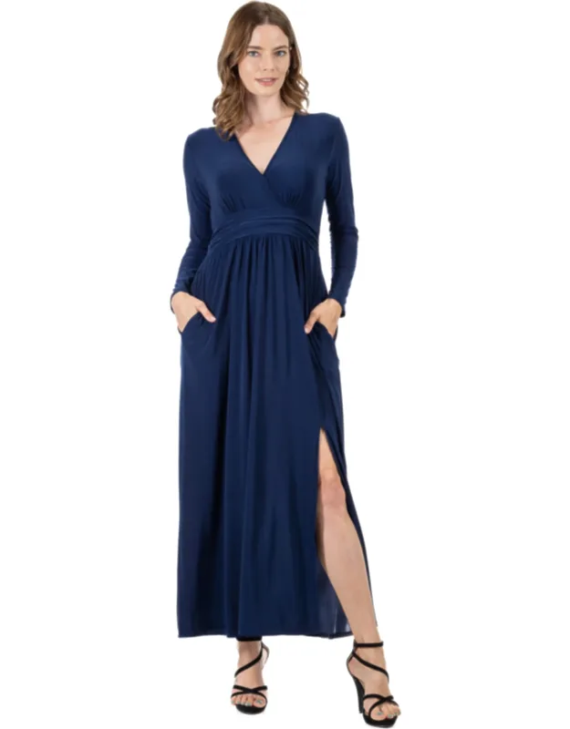 24seven Comfort Apparel Long Sleeve V Neck Pleated Empire Waist Maxi Dress With Functional Pockets And Soft Stretch Fabric