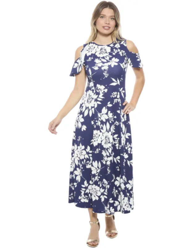 Floral Ruffle Sleeve Cold Shoulder A Line Maxi Dress