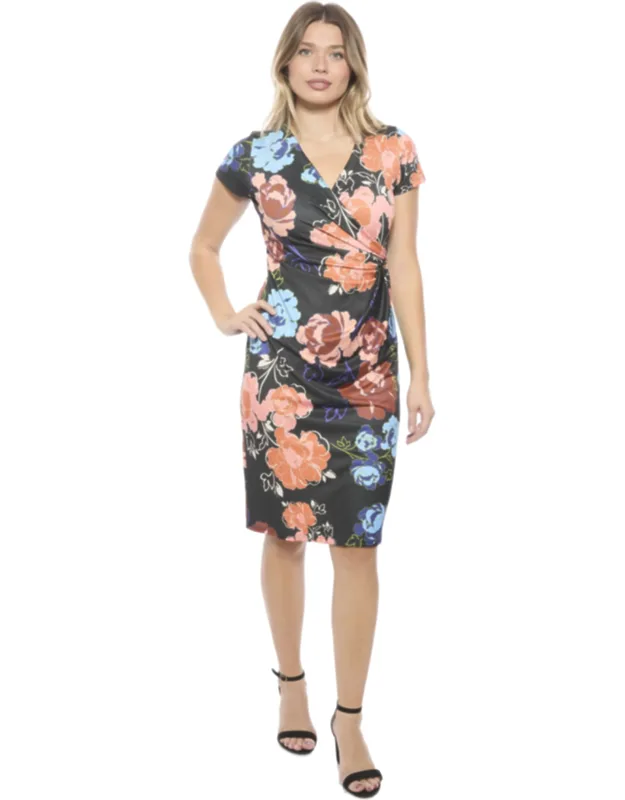 Floral V Neck Short Sleeve Knee Length Faux Wrap Dress