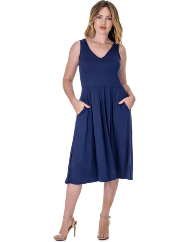 V Neck Sleeveless Pleated Fit N Flare Pocket Midi Dress With Soft Flared Hemline And Breathable Knit Fabric