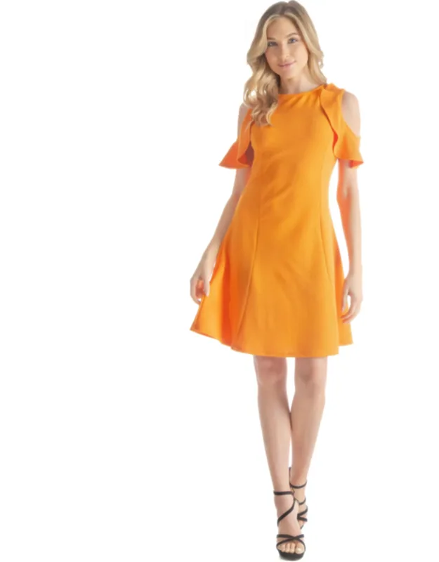 High Round Neck Ruffle Cold Shoulder A-line Mini Dress