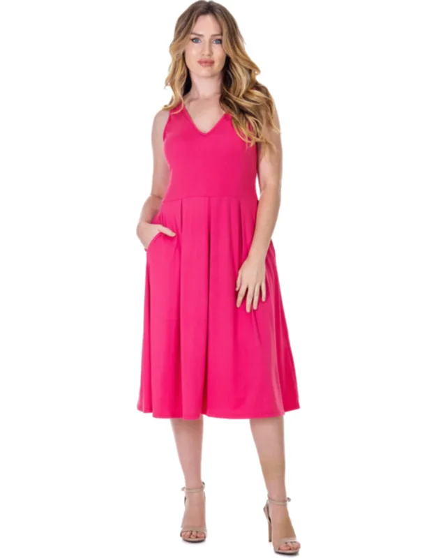 V Neck Sleeveless Pleated Fit And Flare Pocket Midi Dress