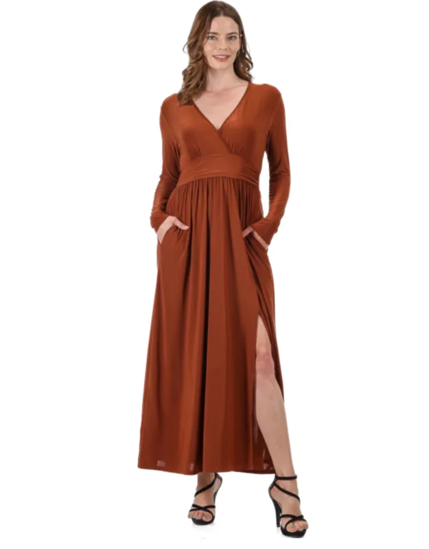 Long Sleeve V Neck Pleated Empire Waist Side Slit Maxi Dress