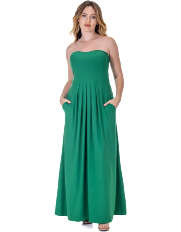 Pleated A-line Strapless Maxi Pocket Dress