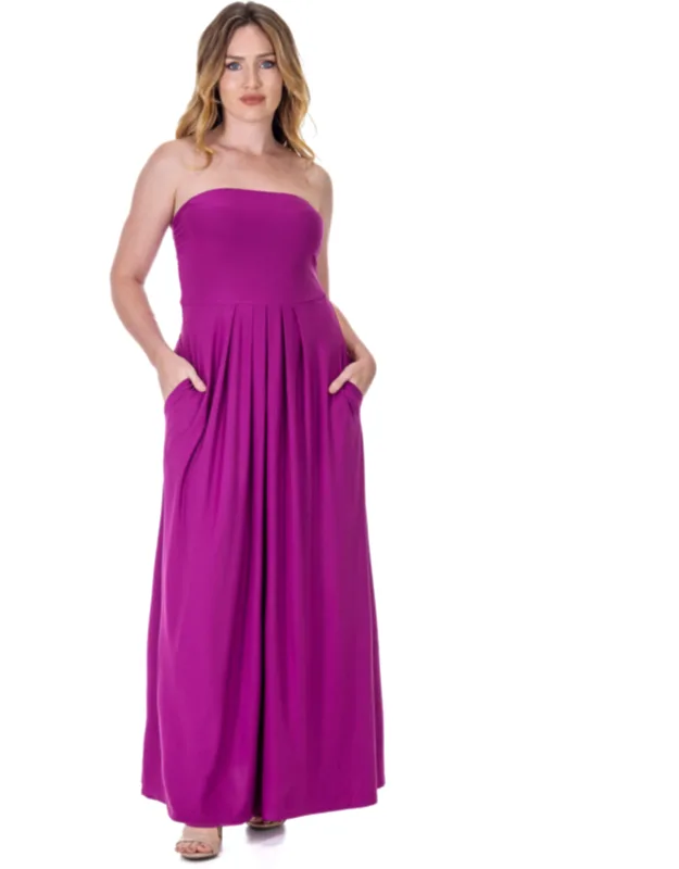 Pleated A-line Strapless Maxi Pocket Dress