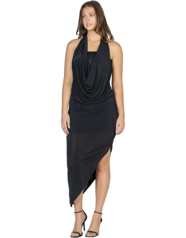 Cowl Neck Halter Backless Asymmetrical Hemline Bodycon Midi Dress