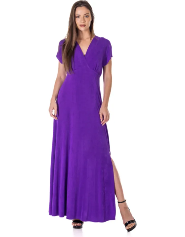 Kimono Flutter Sleeve Metallic Knit Front Slit Empire Waist Maxi Dress