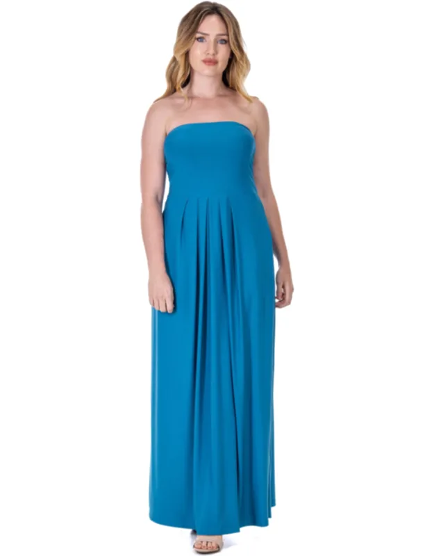 Pleated A-line Strapless Maxi Pocket Dress