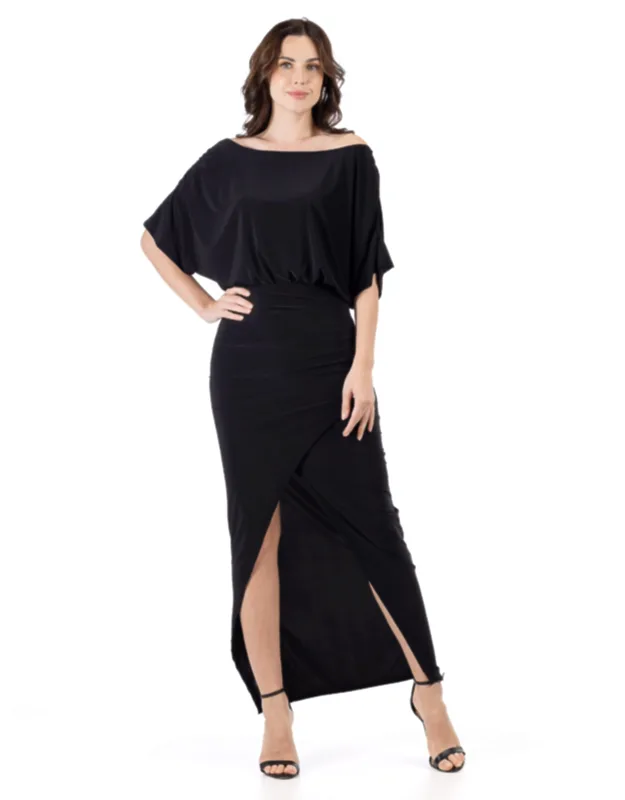 Boat Neck Batwing Sleeve Bodycon Front Slit Maxi Dress