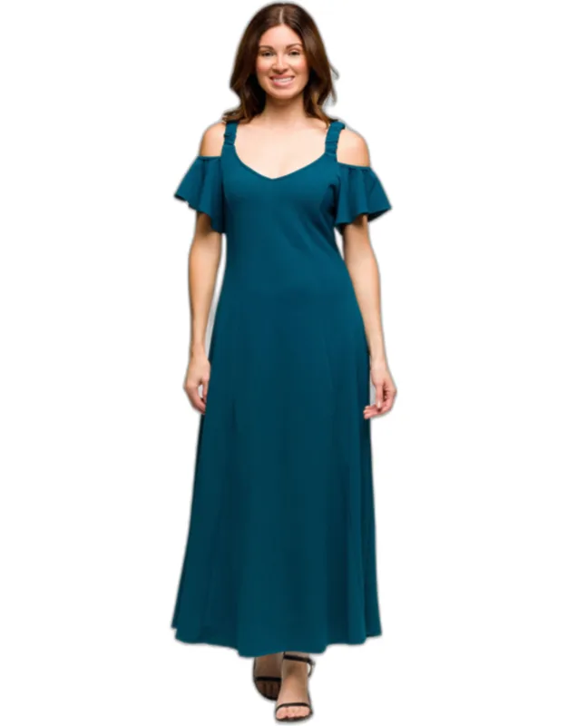 Soft V Neck Cold Shoulder Ruffle Sleeve Wide A Line Maxi Dress