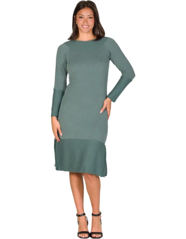 Round Neck Ribbed Knit Long Sleeve Split Hem Knee Length Sweater Dress