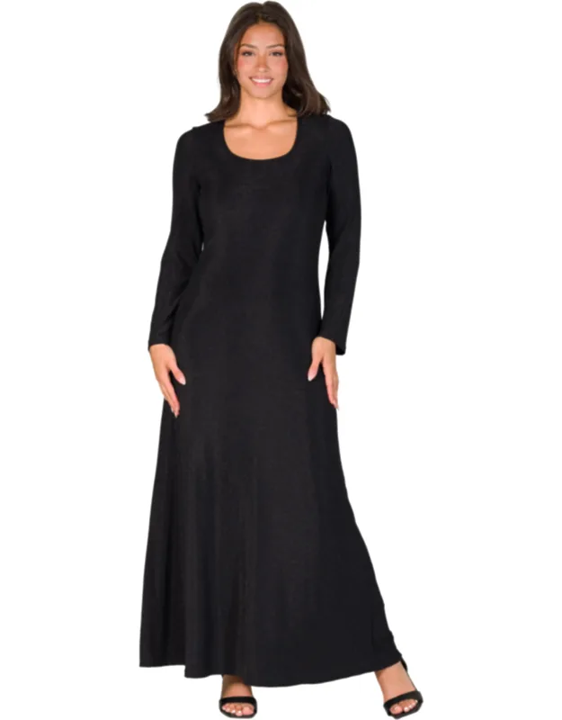 Scoop Neck Long Sleeve Shimmery Metallic A Line Maxi Dress