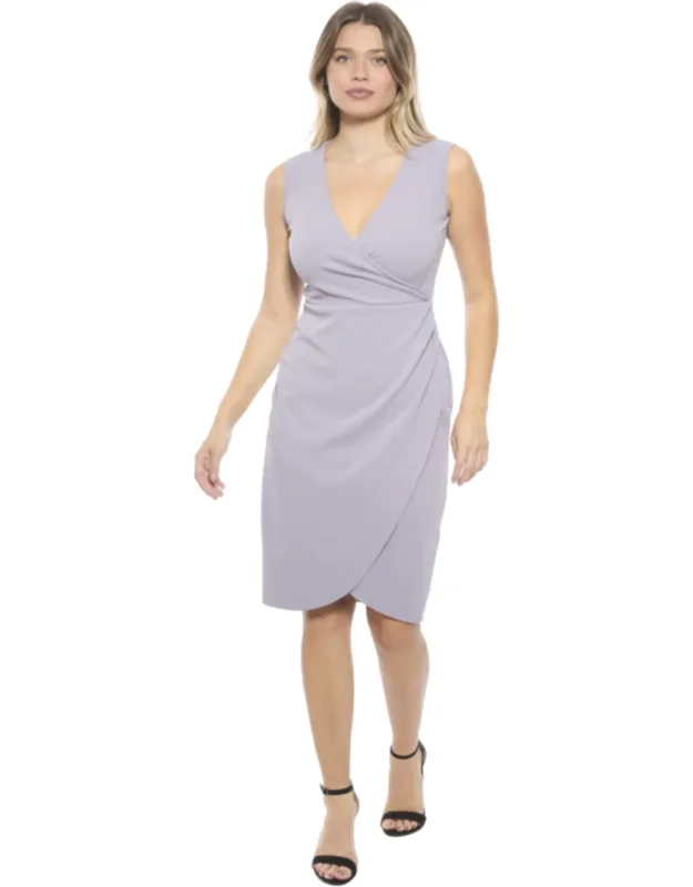 Solid V Neck Sleeveless Faux Wrap Tulip Hem Midi Dress