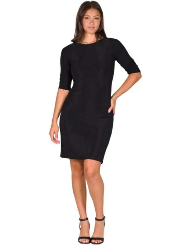 Round Neck Elbow Sleeve Metallic Shimmer Fabric Bodycon Mini Party Dress