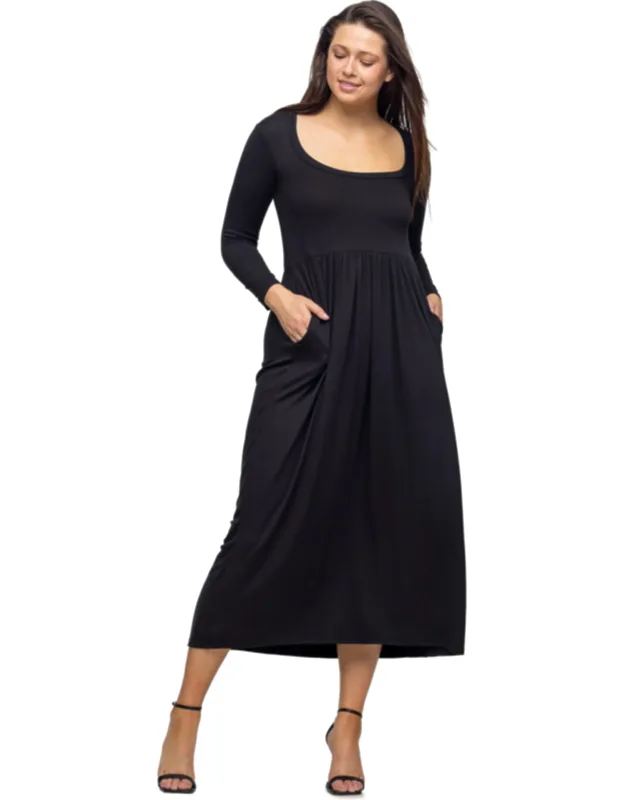 Square Neck Long Sleeve Pleated Empire Waist Pocket Maxi Dress
