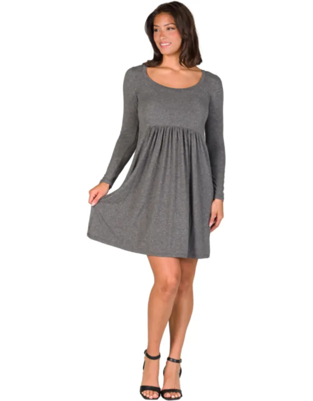 Scoop Neck A Line Babydoll Dress With Pleated Empire Waist And Long Sleeves_