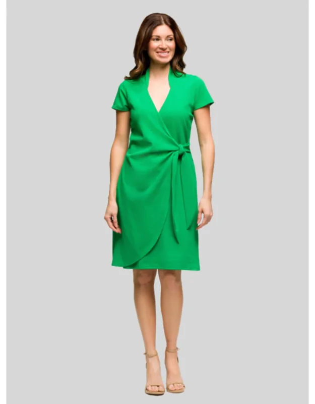 Cap Sleeve V Neck Mandarin Collar Knee Length Side Tie A Line Wrap Dress