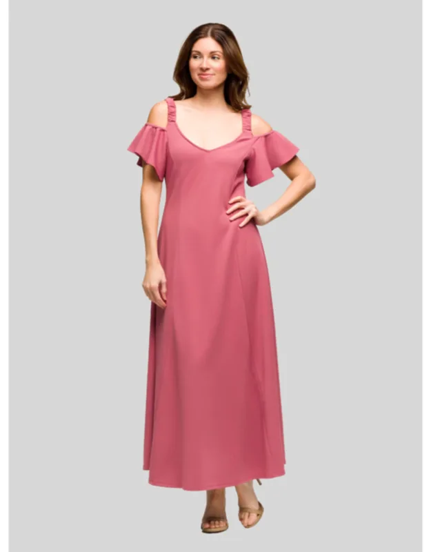 Soft V Neck Cold Shoulder Ruffle Sleeve Wide A Line Maxi Dress