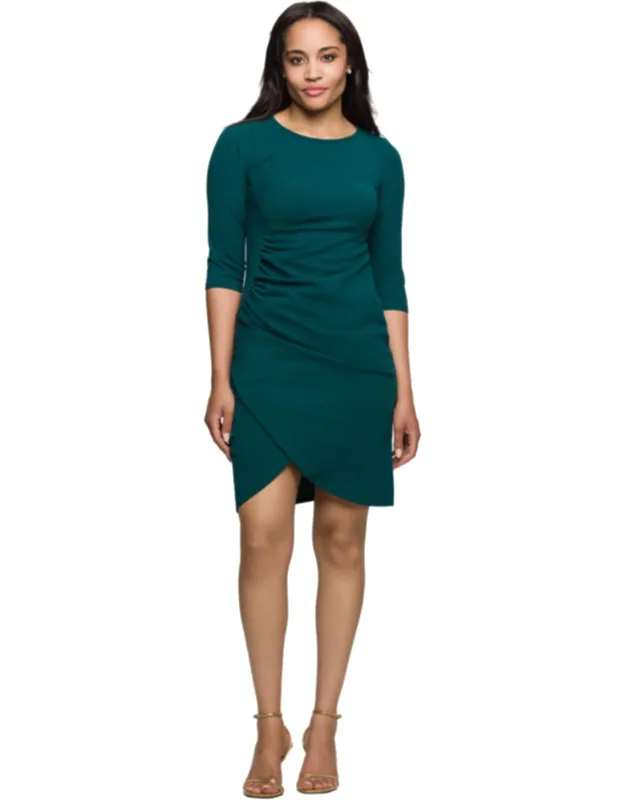 Round Neck Three Quarter Sleeve Ruched Faux Wrap Tulip Hem Mini Dress