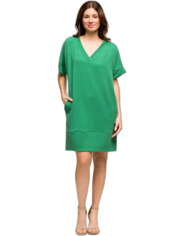 Ribbed Knit V Neck Short Dolman Sleeve Knee Length Pocket T Shirt Dress - Soft Stretch Fabric, Machine Washable