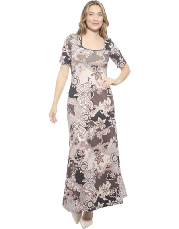Paisley Scoop Neck Elbow Sleeve A Line Maxi Dress