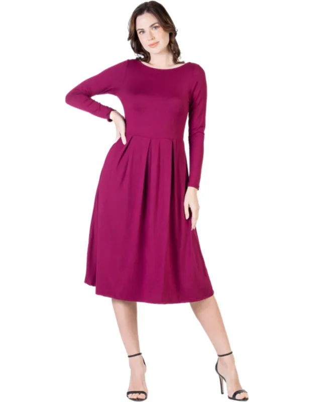 Petite Round Neck Long Sleeve Pleated Fit And Flare Pocket Midi Dress