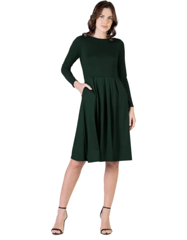 Petite Round Neck Long Sleeve Pleated Fit And Flare Pocket Midi Dress