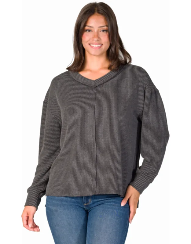 Relaxed Fit Ribbed Knit V Neck Sweater Top