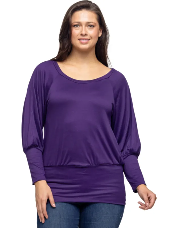 Round Neck Long Blouson Sleeve Banded Bottom Top