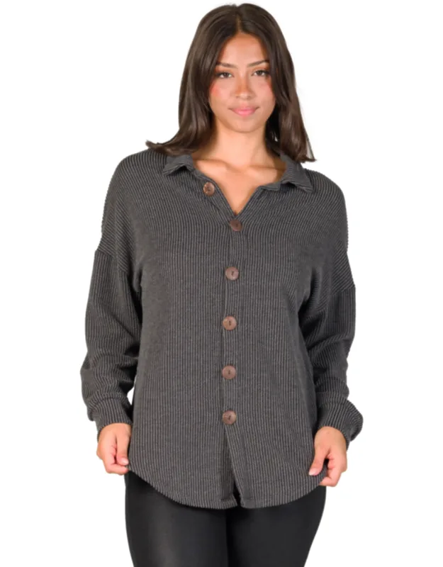 Ribbed Button Up Long Sleeve Collared Shirt Jacket