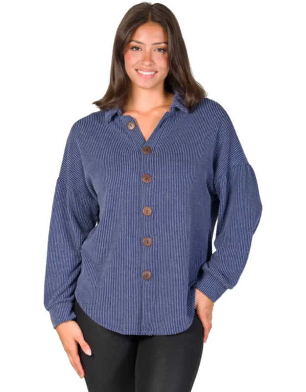 Ribbed Button Up Long Sleeve Collared Shirt Jacket