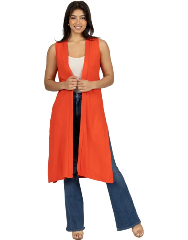Sleeveless Long Cardigan Vest With Side Slit