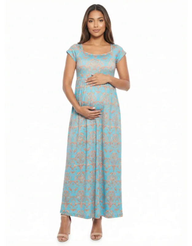 Maternity Abstract Square Neck Cap Sleeve Pleated A Line Maxi Dress