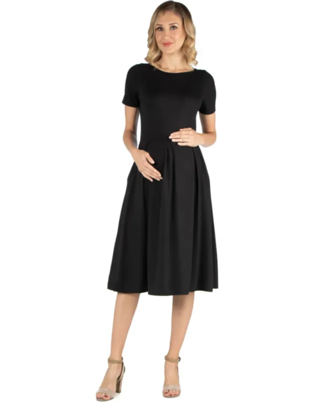 Maternity Boat Neck Short Sleeve Pleated Pocket Midi Dress