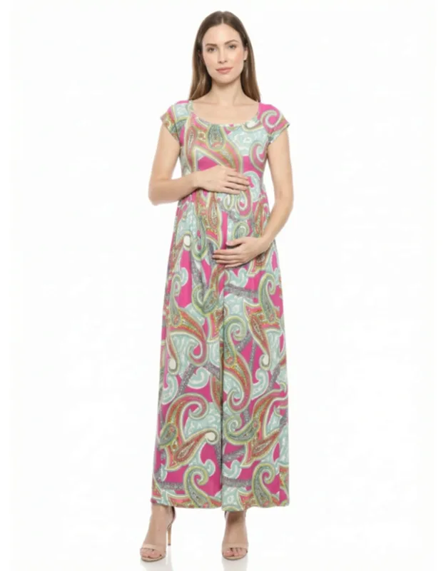 Maternity Paisley Square Neck Cap Sleeve Pleated A Line Maxi Dress