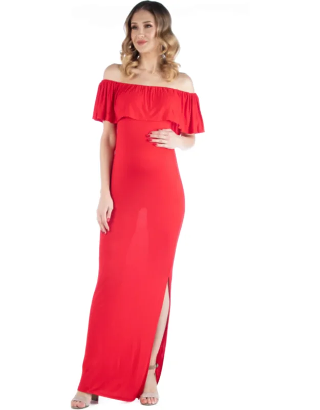 24seven Comfort Apparel Off Shoulder Maxi Dress With Ruffle Detail And Side Slit