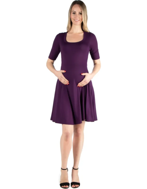 Maternity Scoop Neck Elbow Sleeve Knee Length Skater Dress - Soft Stretch Fabric, Flattering Silhouette