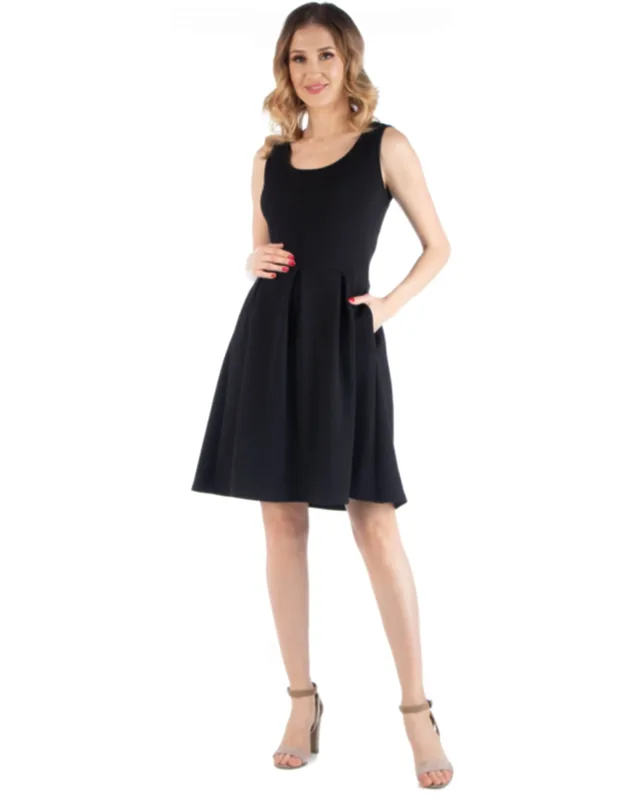 Maternity Scoop Neck Sleeveless Pleated Soft Flare Knee Length Pocket Dress