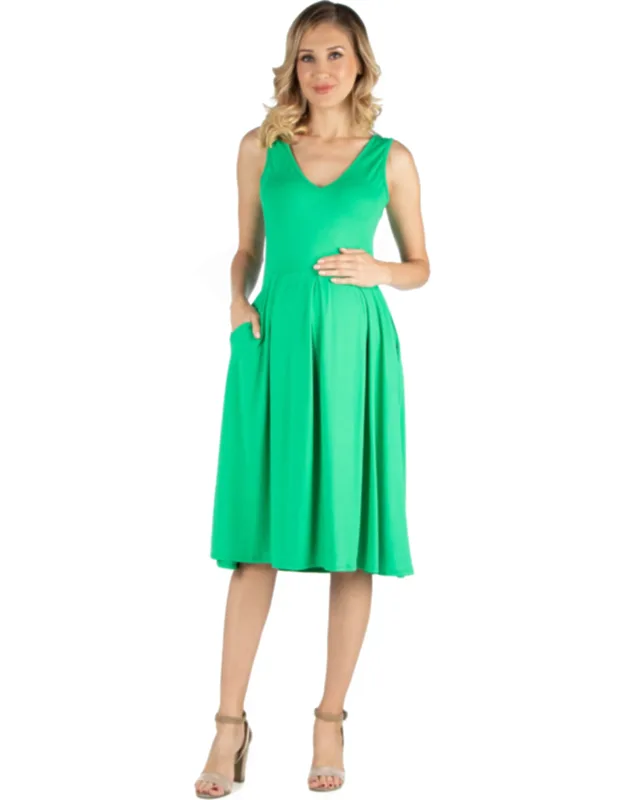 Maternity V Neck Sleeveless Fit N Flare Pocket Midi Dress