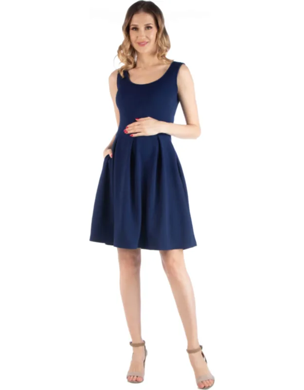 Maternity Scoop Neck Sleeveless Pleated Soft Flare Knee Length Pocket Dress