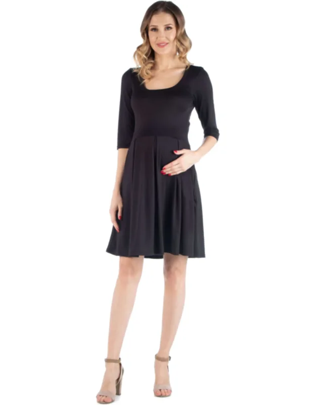 Maternity Scoop Neck Three Quarter Sleeve Pleated Fit N Flare Pocket Mini Dress